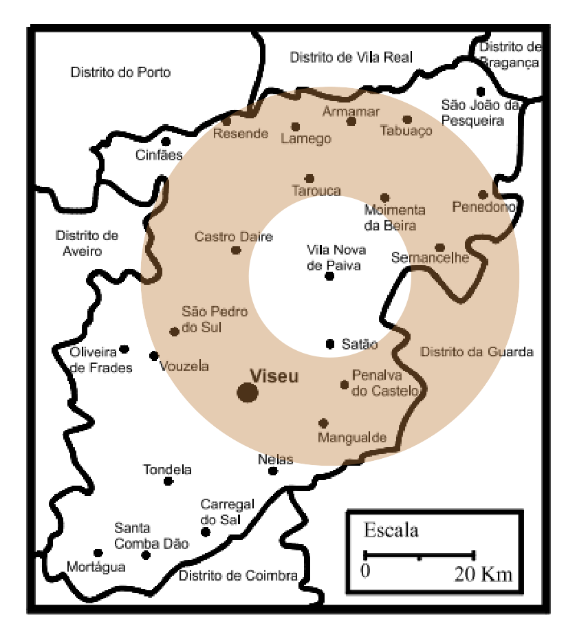 Resolução: coroa circular de centro em Vila Nova de Paiva entre 15 km e 35 km