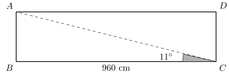 Esquema do retângulo [ABCD] com ângulo de 11 graus e lado BC de 960 cm