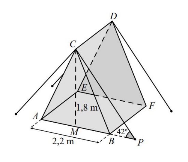 Modelo da tenda de campismo com o prisma triangular reto [ABCDEF] e o cabo [CP]