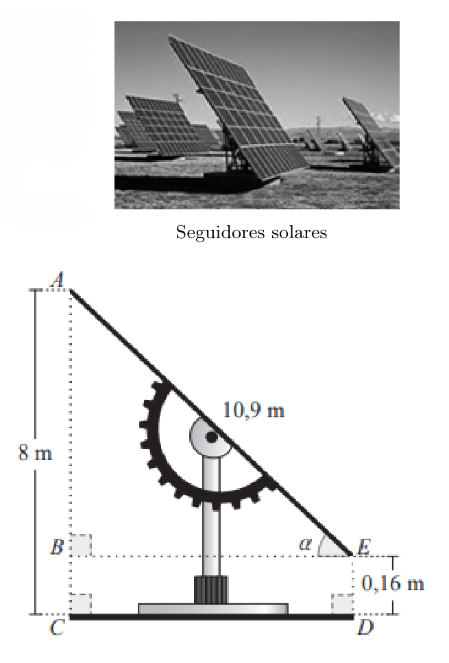 Fotografia dos seguidores solares e esquema da vista lateral com o triângulo [ABE]