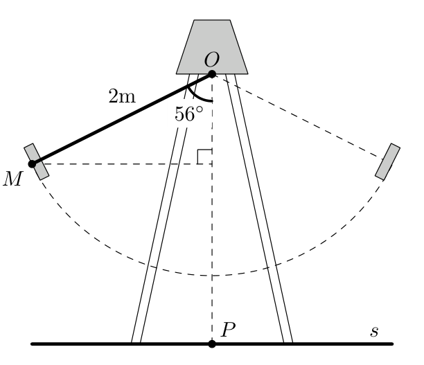 Esquema do baloiço com o ângulo MON de 56 graus