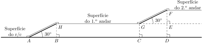 Esquema das escadas rolantes entre os três pisos com ângulos de 30 graus