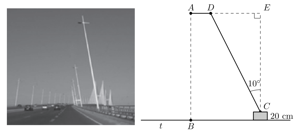 Fotografia dos candeeiros da ponte e esquema do candeeiro com o ângulo de 10 graus