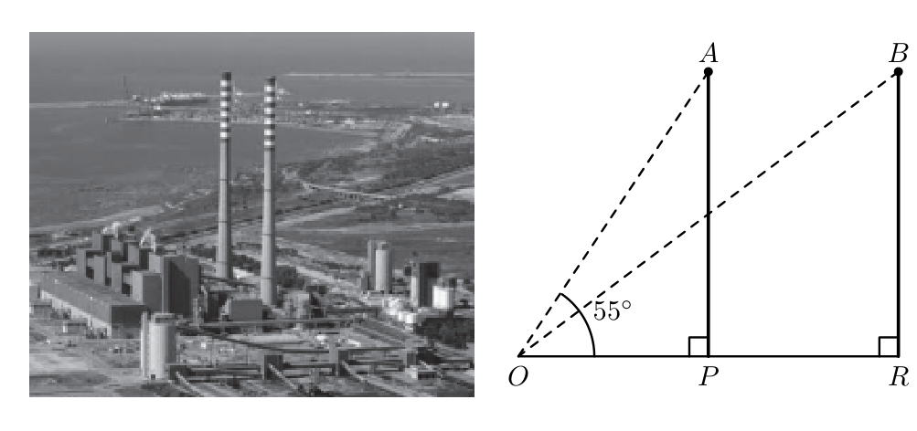 Fotografia da central termoelétrica e esquema das duas chaminés com o ângulo de 55 graus