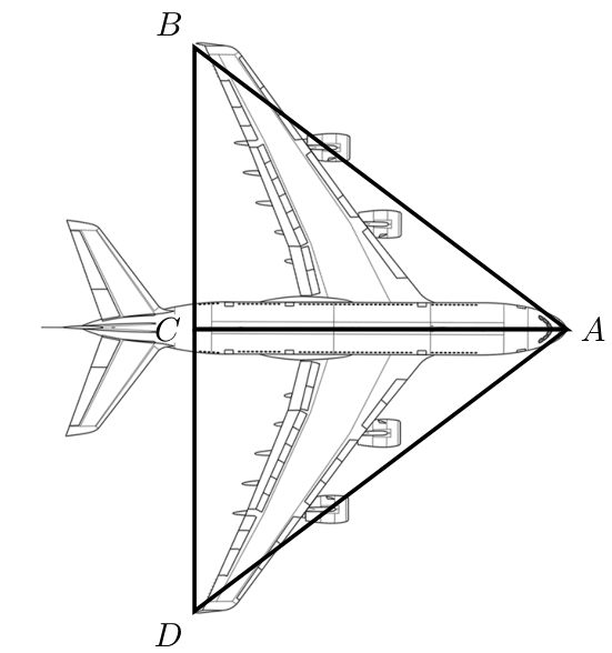 Esquema do avião A380 com o triângulo isósceles [ABD]