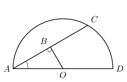 Semicircunferência de centro O e diâmetro [AD] com o triângulo [ABO]