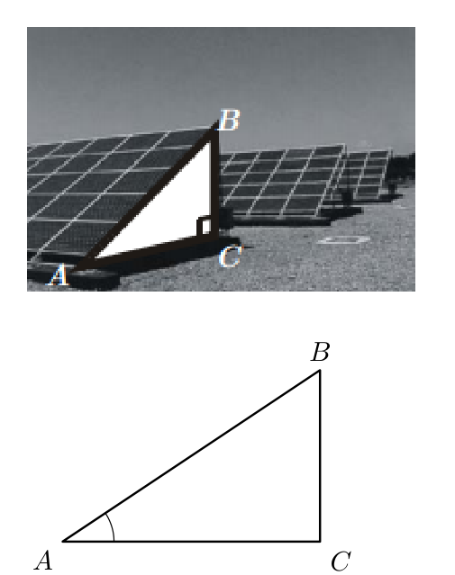 Fotografia dos painéis solares e esquema do triângulo retângulo [ABC]