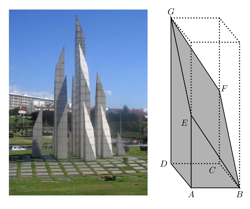 Fotografia do monumento e modelo geométrico de um bloco