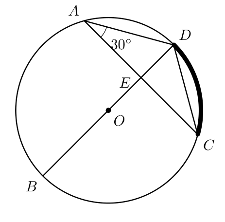 Circunferência de centro O com o diâmetro [BD] e o triângulo [ADE]