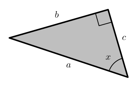 Triângulo retângulo com os lados a, b, c e o ângulo x