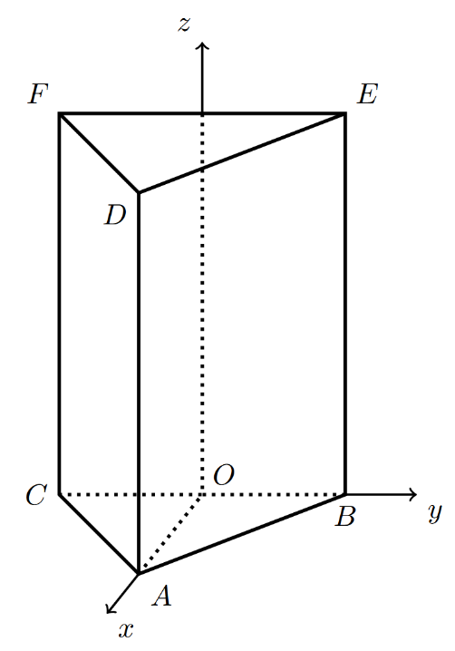 Figura 13 - prisma triangular [ABCDEF] num referencial Oxyz