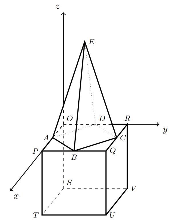 Figura 15 - sólido decomposto num cubo e numa pirâmide quadrangular regular, num referencial Oxyz