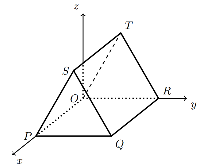 Figura 22 - prisma triangular regular num referencial Oxyz, com vértices O, P, Q, R, S e T