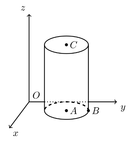 Figura 3 - cilindro de revolução num referencial Oxyz, com centros A e C e ponto B na base inferior