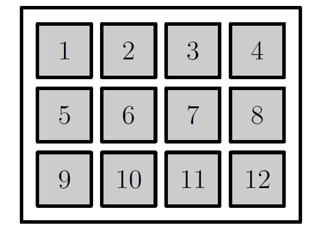 Tabuleiro do jogo Semáforo, com 3 × 4 casas numeradas de 1 a 12