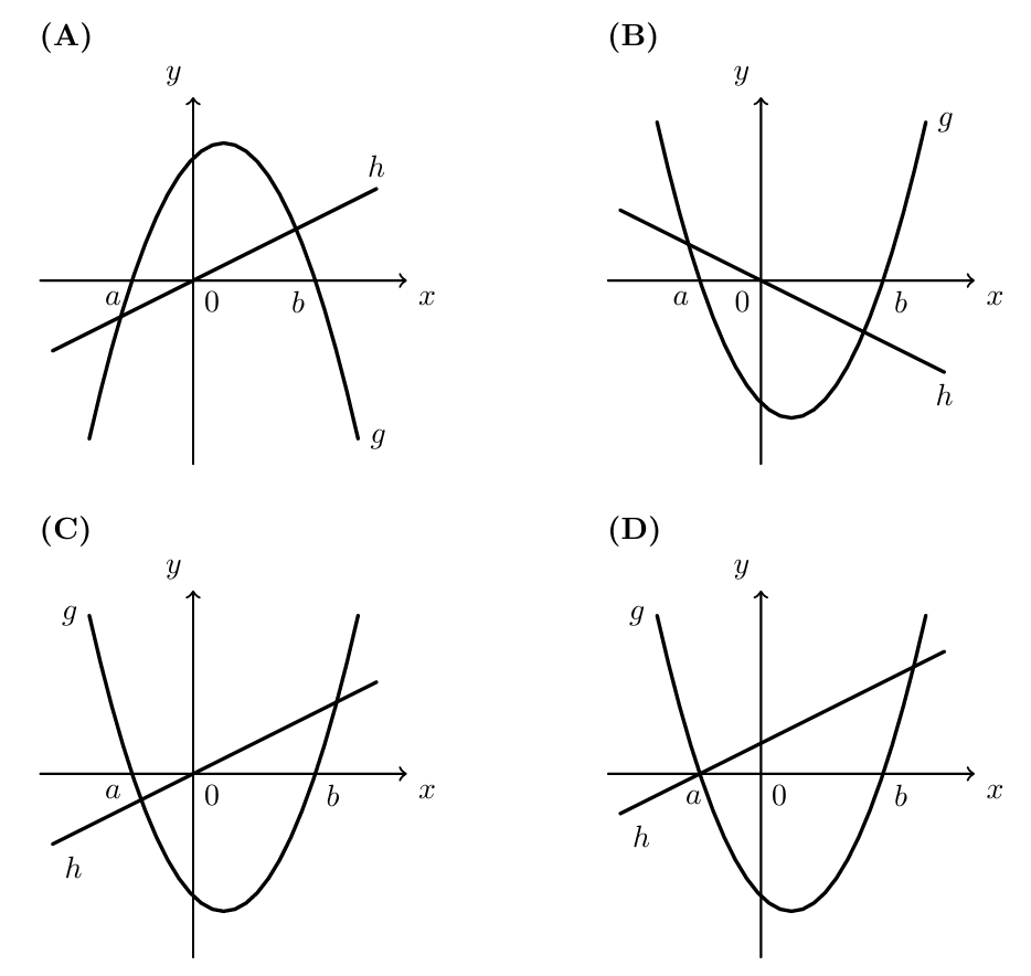 Quatro opções (A), (B), (C) e (D) com pares de gráficos g e h