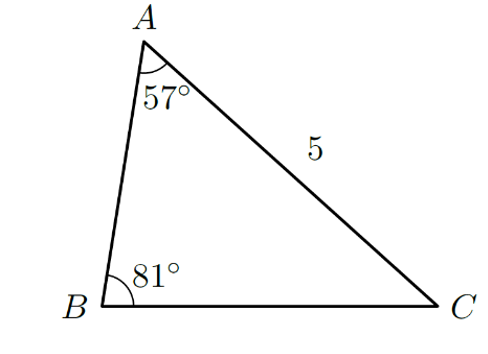 Triângulo [ABC] com AC=5, ângulos 57° e 81°