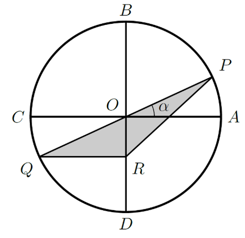 Circunferência trigonométrica com triângulo [PQR] sombreado