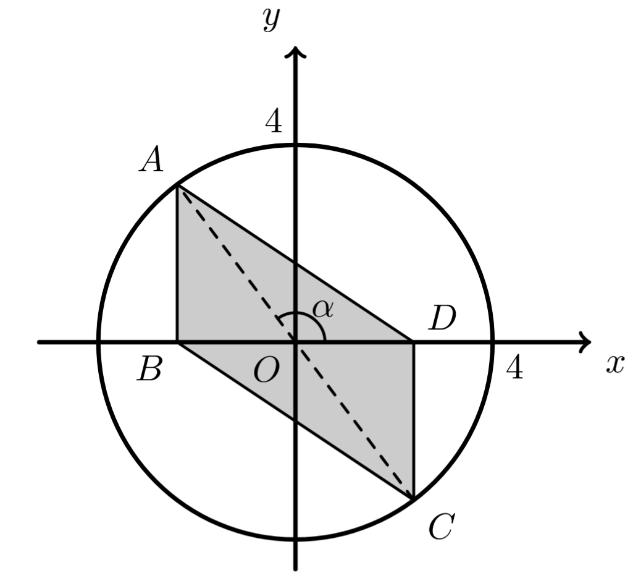 Quadrilátero [ABCD] e circunferência de centro O e raio 4