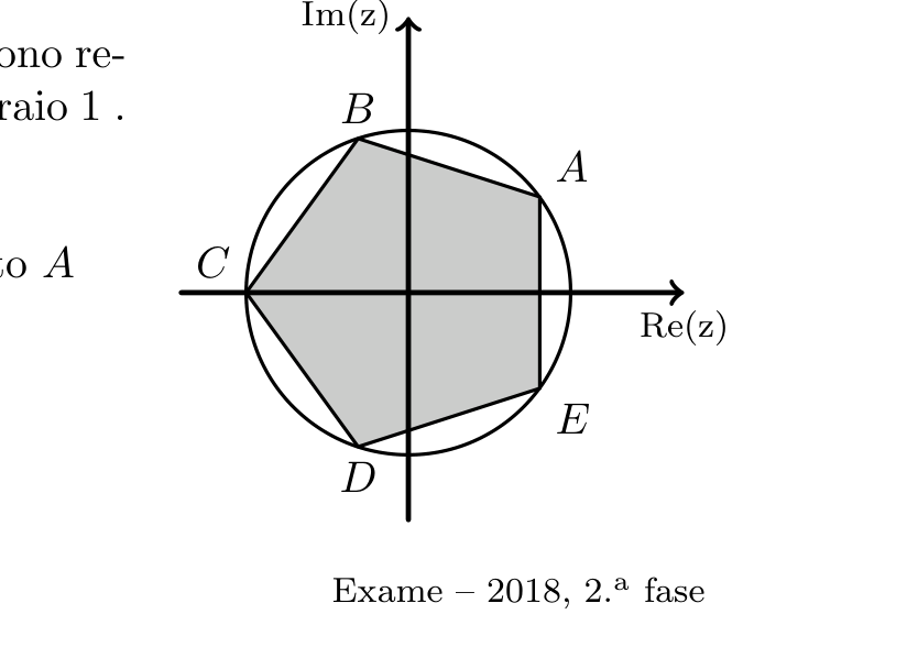 Pentágono regular ABCDE inscrito na circunferência de raio 1