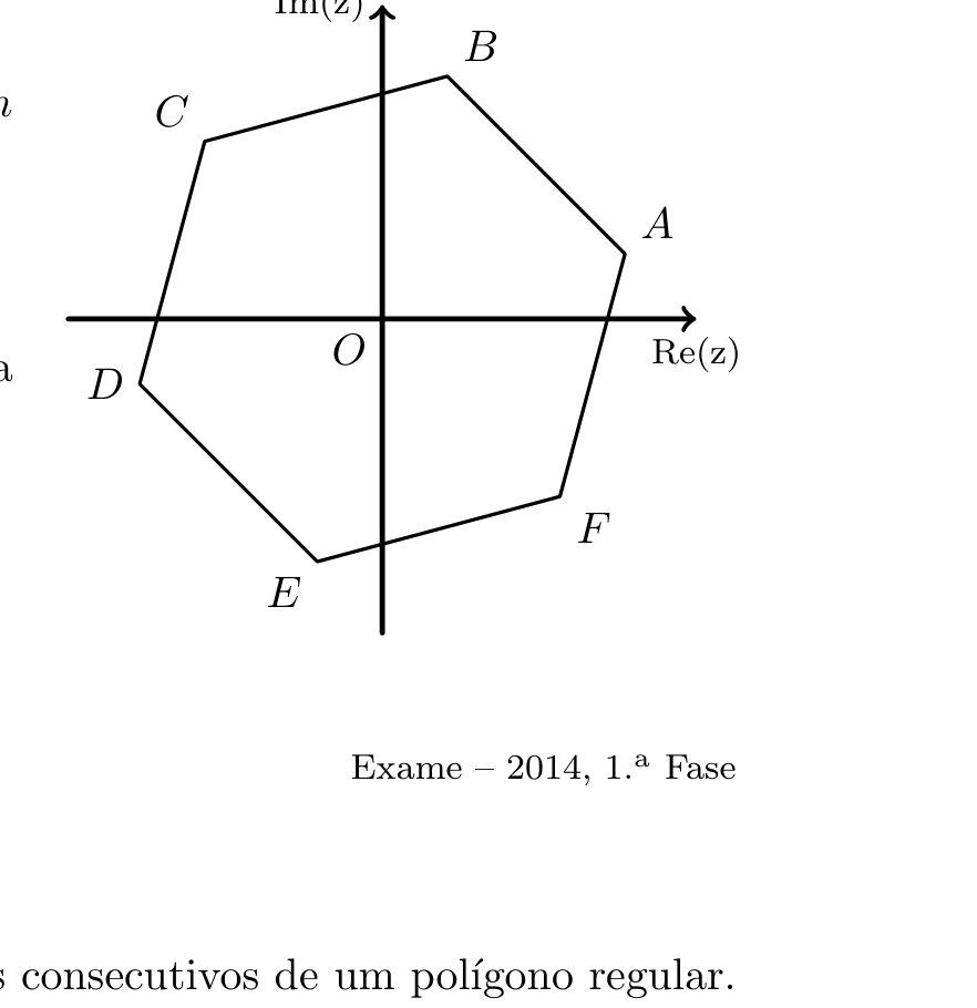 Hexágono regular ABCDEF no plano complexo