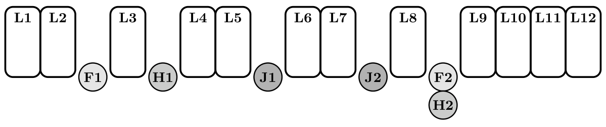 Linha dos doze cartões L1 a L12 com os marcadores F1, H1, J1, J2, F2 e H2