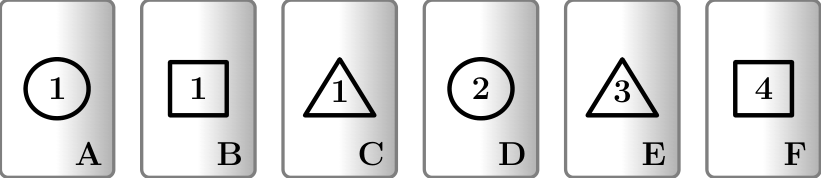 As seis cartas A, B, C, D, E e F com figuras geométricas e algarismos