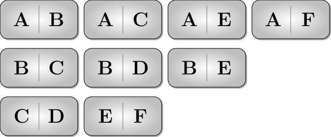 As peças AB, AC, AE, AF, BC, BD, BE, CD e EF