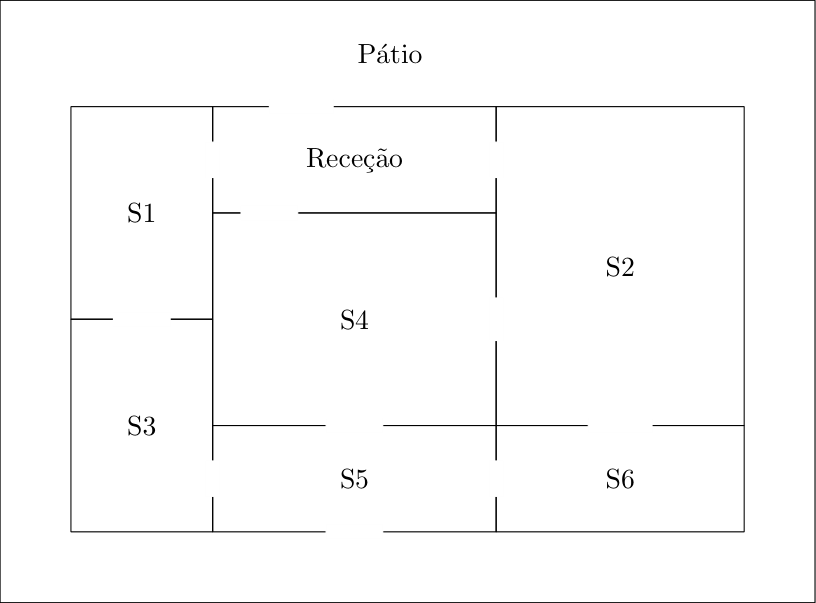Planta da rádio com o pátio, a receção e as seis salas S1 a S6