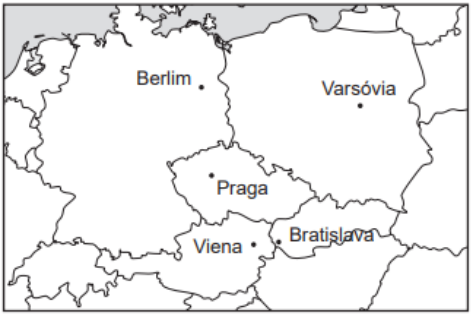 Mapa da Europa central com Berlim, Varsóvia, Praga, Viena e Bratislava