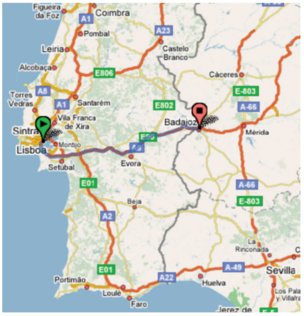 Mapa com Lisboa, Coimbra, Faro, Cáceres e Sevilha