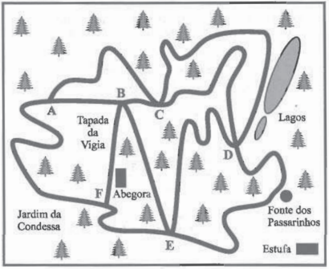 Mapa da zona do Parque da Pena com os cruzamentos A a F