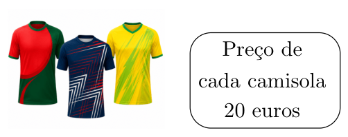 Três camisolas de futebol e a indicação «Preço de cada camisola 20 euros»