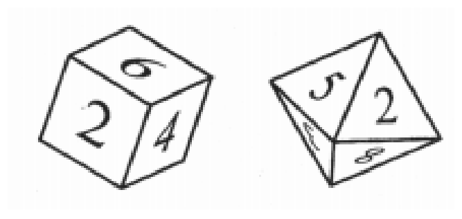 Fotografia de dois dados: um dado cúbico com as faces 2, 6 e 4 visíveis e um dado octaédrico com as faces 5, 2 e 8 visíveis