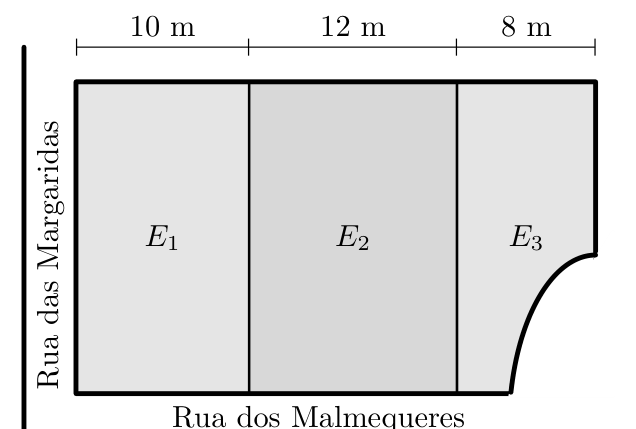 Esquema da área comercial dividida nos espaços E1 com 10 metros, E2 com 12 metros e E3 com 8 metros