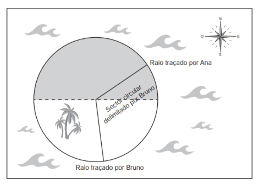 Mapa da ilha com a metade norte a cinzento e a metade sul a branco, e o sector circular delimitado por Bruno